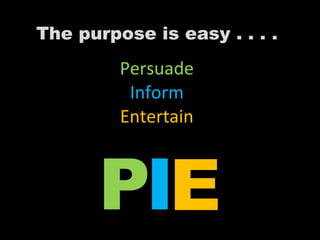 The purpose is easy . . . .
         Persuade
          Inform
         Entertain



       PIE
 