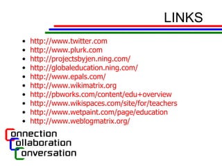 LINKS http://www.twitter.com http://www.plurk.com http://projectsbyjen.ning.com/ http://globaleducation.ning.com/   http://www.epals.com/ http://www.wikimatrix.org   http://pbworks.com/content/edu+overview   http://www.wikispaces.com/site/for/teachers   http://www.wetpaint.com/page/education http://www.weblogmatrix.org/ 