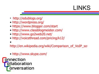 LINKS http://edublogs.org/   http://wordpress.org/   https://www.blogger.com/start   http://www.classblogmeister.com/   http://www.go2web20.net/ http://voicethread.com/pricing/k12/   http://en.wikipedia.org/wiki/Comparison_of_VoIP_software   http://www.skype.com/   