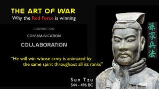 The  art  of  war
S u n T z u
544 - 496 BC
“He will win whose army is animated by
the same spirit throughout all its ranks”
Why the Red Force is winning
Connection  
Communication  
Collaboration  
 