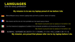 Meine Mission ist es, meinen Laptop stolz auf mich zu sehen, bevor ich sterbe
My mission is to see my laptop proud of me before I die
Ma mission est ﬁer de voir mon portable sur moi avant que je meure
La mia missione è orgoglioso di vedere il mio computer portatile su di me prima che io muoia
My mission is proud to see my laptop on me before I die
私の使命は、私が死ぬ前に私に私のラップトップを参照してくださいすることを誇りに思っている
My mission, are proud that please refer me to my laptop before I die
LanGuages
One for every profession
My mission is proud to see my laptop on me before I die
 