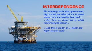 interdependence
No company, institution, government,
big or small can afford all the in house
resources and expertise they need…
…they have no choice but to adopt
networking and sharing…
…and this is mostly on a global and
highly dynamic scale!
 