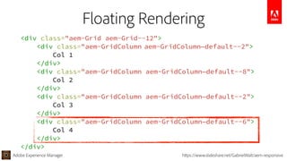 Adobe Experience Manager https://www.slideshare.net/GabrielWalt/aem-responsive
Floating Rendering
<div class="aem-Grid aem-Grid--12">
<div class="aem-GridColumn aem-GridColumn—default--2">
Col 1
</div>
<div class="aem-GridColumn aem-GridColumn—default--8">
Col 2
</div>
<div class="aem-GridColumn aem-GridColumn—default--2">
Col 3
</div>
<div class="aem-GridColumn aem-GridColumn—default--6">
Col 4
</div>
</div>
 