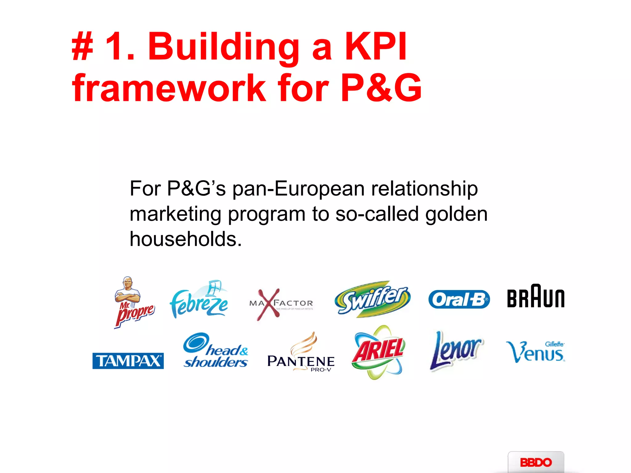 # 1. Building a KPI 
framework for P&G 
For P&G’s pan-European relationship 
marketing program to so-called golden 
households. 
 