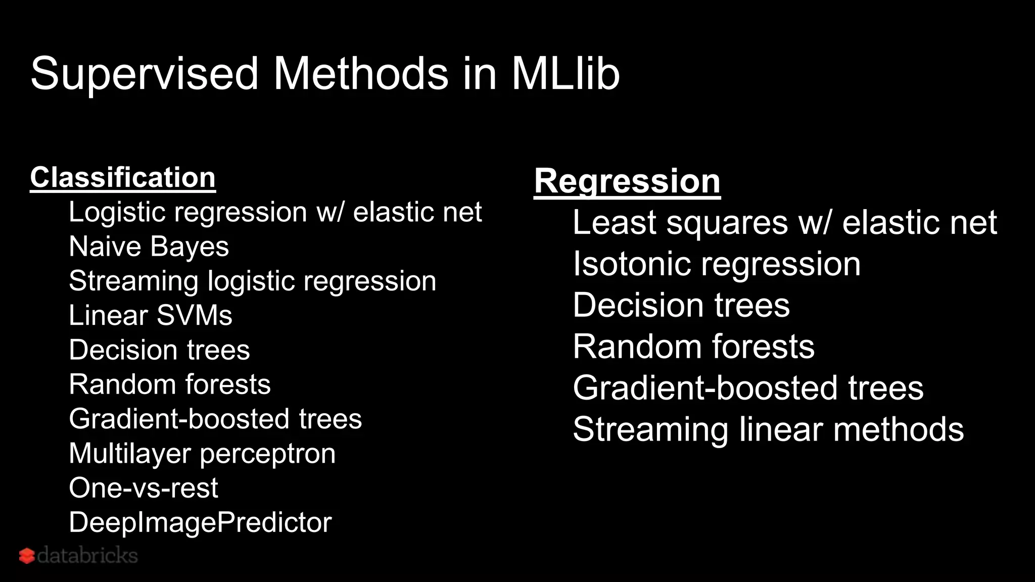 Supervised Methods in MLlib
Classification
Logistic regression w/ elastic net
Naive Bayes
Streaming logistic regression
Linear SVMs
Decision trees
Random forests
Gradient-boosted trees
Multilayer perceptron
One-vs-rest
DeepImagePredictor
Regression
Least squares w/ elastic net
Isotonic regression
Decision trees
Random forests
Gradient-boosted trees
Streaming linear methods
 