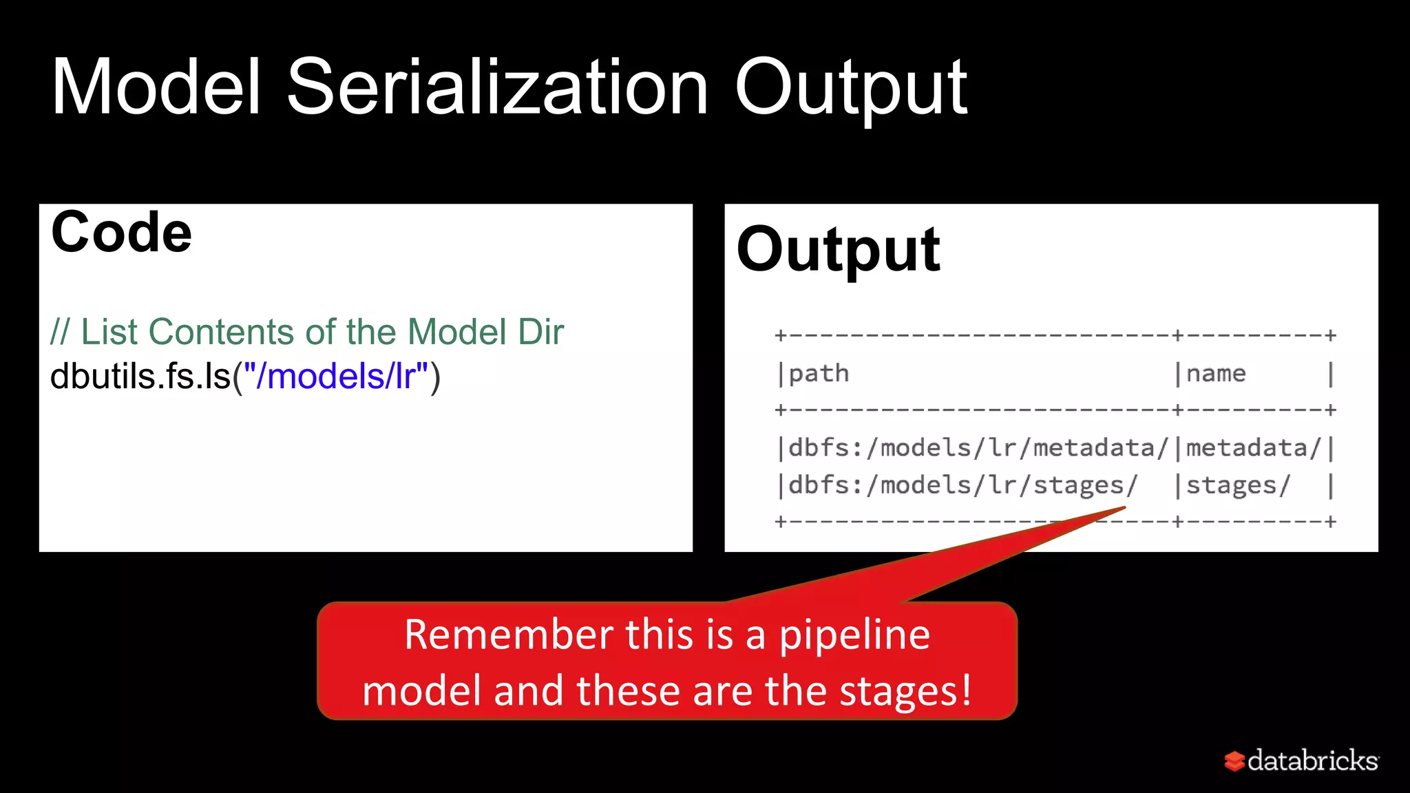 Model Serialization Output
Code
// List Contents of the Model Dir
dbutils.fs.ls("/models/lr")
•
Output
Remember this is a pipeline
model and these are the stages!
 
