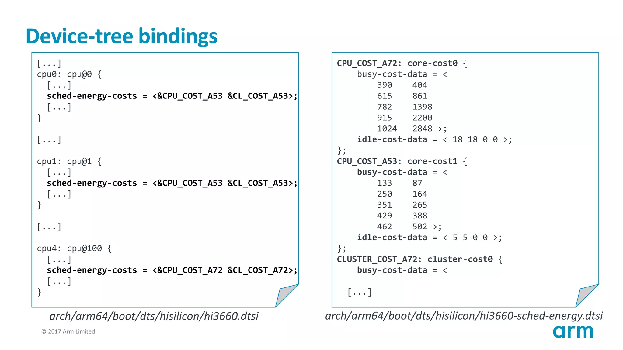 © 2017 Arm Limited41
Device-tree bindings
[...]
cpu0: cpu@0 {
[...]
sched-energy-costs = <&CPU_COST_A53 &CL_COST_A53>;
[...]
}
[...]
cpu1: cpu@1 {
[...]
sched-energy-costs = <&CPU_COST_A53 &CL_COST_A53>;
[...]
}
[...]
cpu4: cpu@100 {
[...]
sched-energy-costs = <&CPU_COST_A72 &CL_COST_A72>;
[...]
}
CPU_COST_A72: core-cost0 {
busy-cost-data = <
390 404
615 861
782 1398
915 2200
1024 2848 >;
idle-cost-data = < 18 18 0 0 >;
};
CPU_COST_A53: core-cost1 {
busy-cost-data = <
133 87
250 164
351 265
429 388
462 502 >;
idle-cost-data = < 5 5 0 0 >;
};
CLUSTER_COST_A72: cluster-cost0 {
busy-cost-data = <
[...]
arch/arm64/boot/dts/hisilicon/hi3660.dtsi arch/arm64/boot/dts/hisilicon/hi3660-sched-energy.dtsi
 