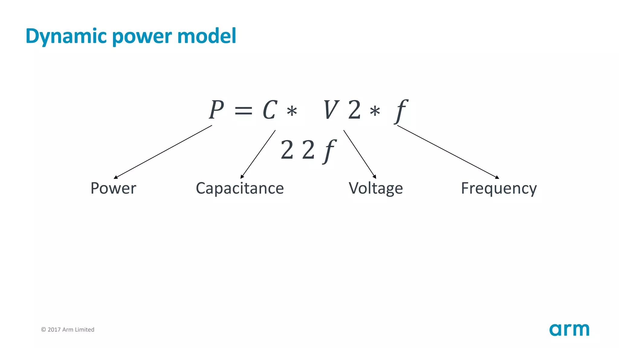 © 2017 Arm Limited85
Dynamic power model
𝑃 = 𝐶 ∗ 𝑉 2 ∗ 𝑓
2 2 𝑓
Power Capacitance Voltage Frequency
 