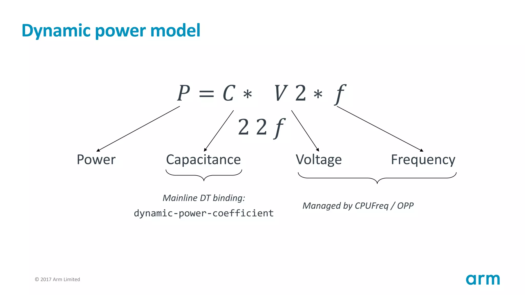 © 2017 Arm Limited87
Dynamic power model
𝑃 = 𝐶 ∗ 𝑉 2 ∗ 𝑓
2 2 𝑓
Power Capacitance Voltage Frequency
Mainline DT binding:
dynamic-power-coefficient
Managed by CPUFreq / OPP
 