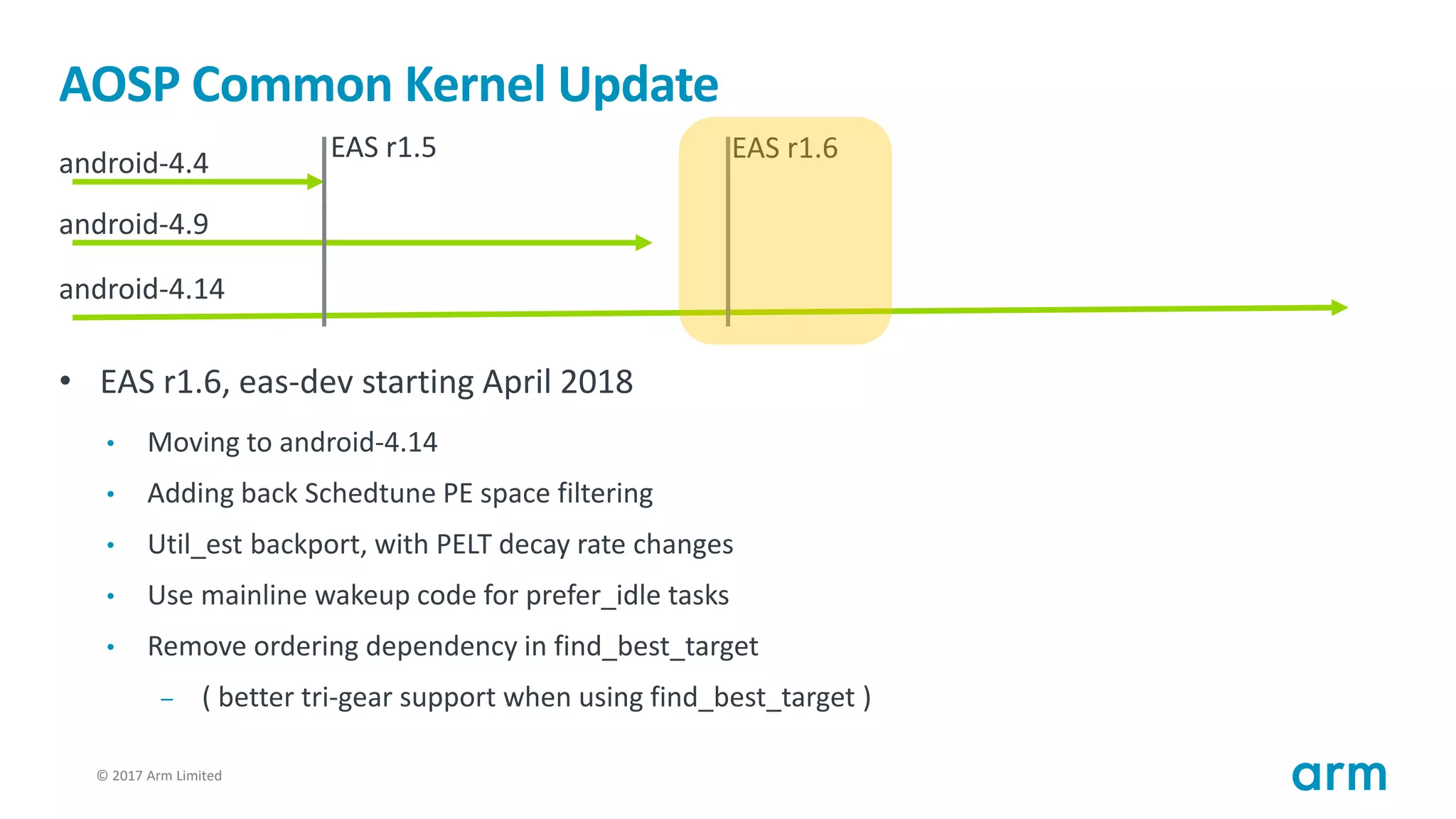 © 2017 Arm Limited9
AOSP Common Kernel Update
• EAS r1.6, eas-dev starting April 2018
• Moving to android-4.14
• Adding back Schedtune PE space filtering
• Util_est backport, with PELT decay rate changes
• Use mainline wakeup code for prefer_idle tasks
• Remove ordering dependency in find_best_target
– ( better tri-gear support when using find_best_target )
android-4.4
android-4.9
android-4.14
EAS r1.5 EAS r1.6
 