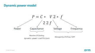 © 2017 Arm Limited87
Dynamic power model
𝑃 = 𝐶 ∗ 𝑉 2 ∗ 𝑓
2 2 𝑓
Power Capacitance Voltage Frequency
Mainline DT binding:
dy...