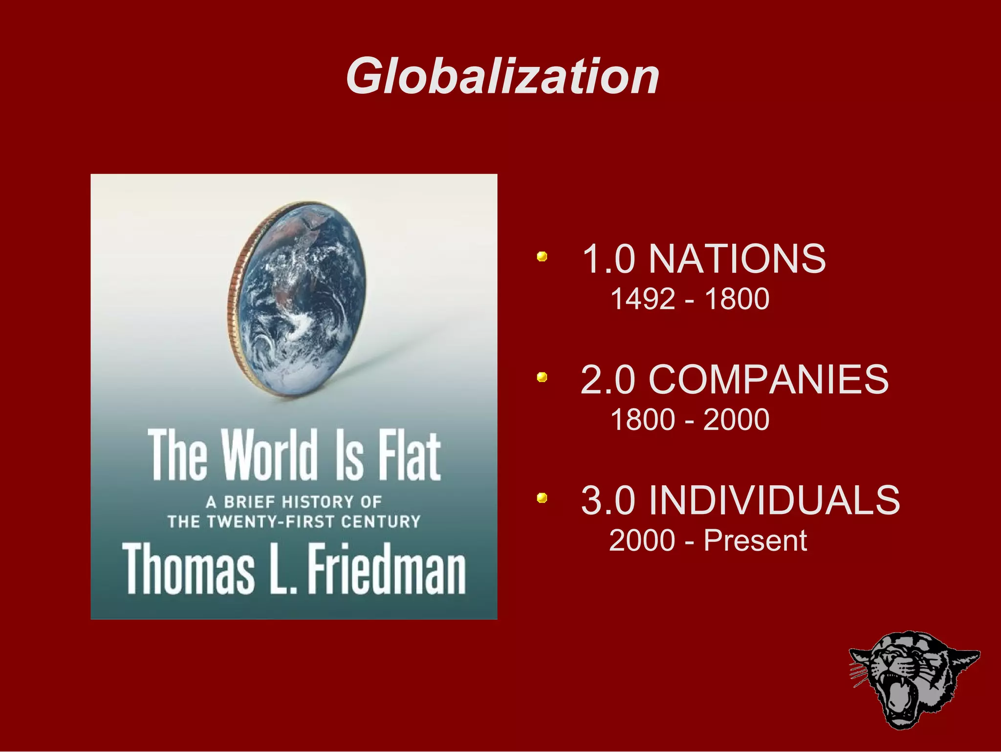 Globalization 1.0 NATIONS 1492 - 1800 2.0 COMPANIES 1800 - 2000 3.0 INDIVIDUALS 2000 - Present 