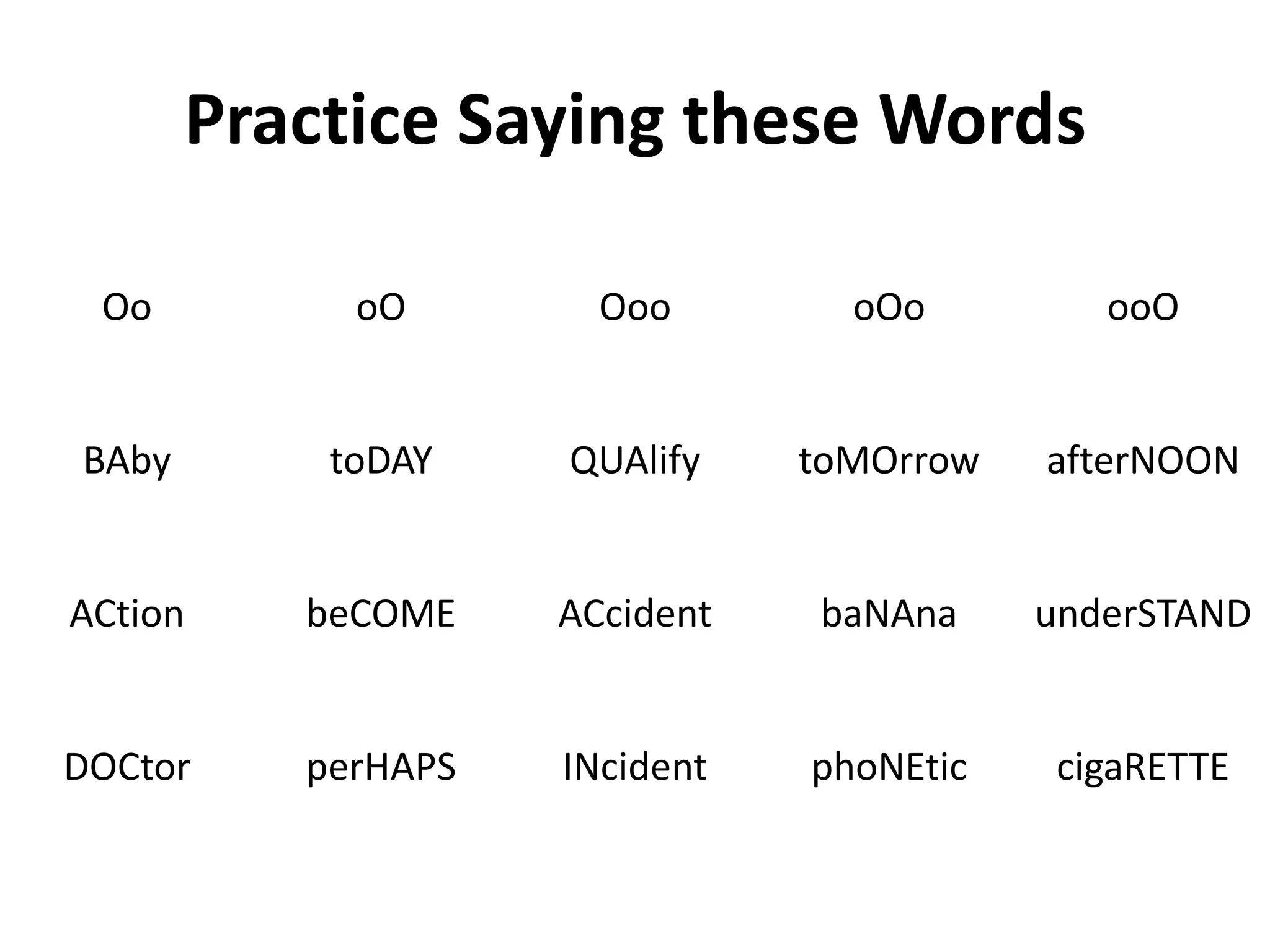 Practice Saying these Words
Oo

oO

Ooo

oOo

ooO

BAby

toDAY

QUAlify

toMOrrow

afterNOON

ACtion

beCOME

ACcident

baNAna

underSTAND

DOCtor

perHAPS

INcident

phoNEtic

cigaRETTE

 