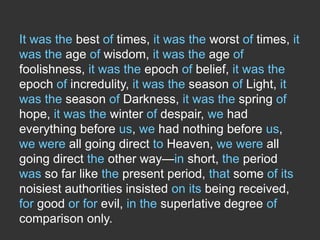 It was the best of times, it was the worst of times, it
was the age of wisdom, it was the age of
foolishness, it was the epoch of belief, it was the
epoch of incredulity, it was the season of Light, it
was the season of Darkness, it was the spring of
hope, it was the winter of despair, we had
everything before us, we had nothing before us,
we were all going direct to Heaven, we were all
going direct the other way—in short, the period
was so far like the present period, that some of its
noisiest authorities insisted on its being received,
for good or for evil, in the superlative degree of
comparison only.

 