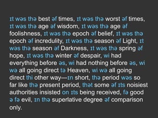ɪt wəs thə best əf times, ɪt wəs thə worst əf times,
ɪt wəs thə age əf wisdom, ɪt wəs thə age əf
foolishness, ɪt wəs thə epoch əf belief, ɪt wəs thə
epoch əf incredulity, ɪt wəs thə season əf Light, ɪt
wəs thə season əf Darkness, ɪt wəs thə spring əf
hope, ɪt wəs thə winter əf despair, wi had
everything before əs, wi had nothing before əs, wi
wə all going direct tə Heaven, wi wə all going
direct thi other way—ɪn short, thə period wəs so
far like thə present period, thət some əf ɪts noisiest
authorities insisted on ɪts being received, fə good
ə fə evil, ɪn thə superlative degree əf comparison
only.

 