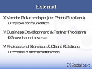 External Vendor Relationships (ex: Press Relations) Improve communication Business Development & Partner Programs Grow channel revenue Professional Services & Client Relations Increase customer satisfaction 