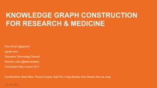 KNOWLEDGE GRAPH CONSTRUCTION
FOR RESEARCH & MEDICINE
Paul Groth (@pgroth)
pgroth.com
Disruptive Technology Director
Elsevier Labs (@elsevierlabs)
Connected Data London 2017
Contributions: Brad Allen, Pascal Coupet, Sujit Pal, Craig Stanley, Ron Daniel, Alex de Jong
 