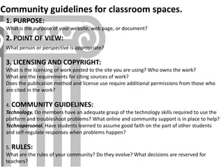 Community guidelines for classroom spaces.
 1. PURPOSE:
 What is the purpose of your website, web page, or document?
 2. POINT OF VIEW:
 What person or perspective is appropriate?

 3. LICENSING AND COPYRIGHT:
 What is the licensing of work posted to the site you are using? Who owns the work?
 What are the requirements for citing sources of work?
 Does the publication method and license use require additional permissions from those who
 are cited in the work?

 4. COMMUNITY GUIDELINES:
 Technology. Do members have an adequate grasp of the technology skills required to use the
 platform and troubleshoot problems? What online and community support is in place to help?
 Technopersonal. Have students learned to assume good faith on the part of other students
 and self-regulate responses when problems happen?

 5. RULES:
 What are the rules of your community? Do they evolve? What decisions are reserved for
 teachers?
 