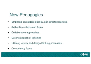 New Pedagogies
• Emphasis on student agency, self-directed learning
• Authentic contexts and focus
• Collaborative approaches
• De-privatisation of teaching
• Utilising inquiry and design thinking processes
• Competency focus
 