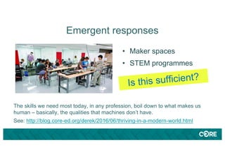 Emergent responses
• Maker spaces
• STEM programmes
The skills we need most today, in any profession, boil down to what makes us
human – basically, the qualities that machines don’t have.
See: http://blog.core-ed.org/derek/2016/06/thriving-in-a-modern-world.html
 