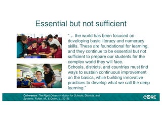 “… the world has been focused on
developing basic literacy and numeracy
skills. These are foundational for learning,
and they continue to be essential but not
sufficient to prepare our students for the
complex world they will face.
Schools, districts, and countries must find
ways to sustain continuous improvement
on the basics, while building innovative
practices to develop what we call the deep
learning.”
Coherence: The Right Drivers in Action for Schools, Districts, and
Systems. Fullan, M., & Quinn, J. (2015).
Essential but not sufficient
 