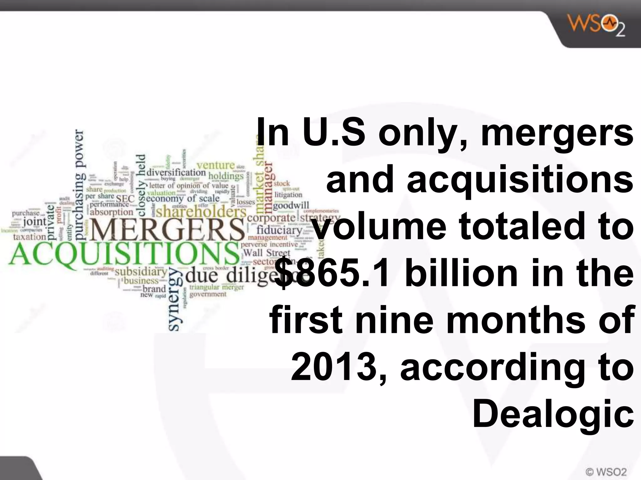 In U.S only, mergers
and acquisitions
volume totaled to
$865.1 billion in the
first nine months of
2013, according to
Dealogic
