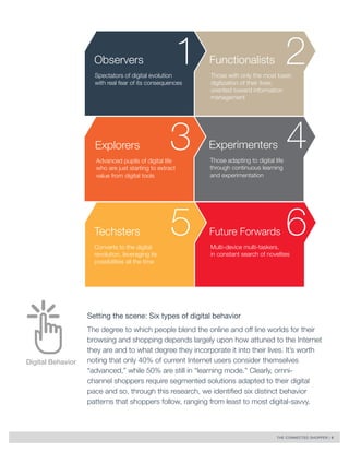 THE CONNECTED SHOPPER | 6 
Digital Behavior 
Setting the scene: Six types of digital behavior 
The degree to which people blend the online and off line worlds for their 
browsing and shopping depends largely upon how attuned to the Internet 
they are and to what degree they incorporate it into their lives. It’s worth 
noting that only 40% of current Internet users consider themselves 
“advanced,” while 50% are still in “learning mode.” Clearly, omni-channel 
shoppers require segmented solutions adapted to their digital 
pace and so, through this research, we identified six distinct behavior 
patterns that shoppers follow, ranging from least to most digital-savvy. 
Observers 
Spectators of digital evolution 
with real fear of its consequences 
Functionalists 
Those with only the most basic 
digitization of their lives; 
oriented toward information 
management 
Explorers 
Advanced pupils of digital life 
who are just starting to extract 
value from digital tools 
Experimenters 
Those adapting to digital life 
through continuous learning 
and experimentation 
Techsters 
Converts to the digital 
revolution, leveraging its 
possibilities all the time 
Future Forwards 
Multi-device multi-taskers, 
in constant search of novelties 
 