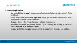 …so we built it !
 Introducing Darwino
– An open platform for rapidly developing social business applications targeting primarily Mobile
and Cloud
– Allows developers to focus on the application, not the specifics of each mobile platform or the
wiring of the application to IBM Connections
– Reduces time to value through the use of a full stack of components
– Provides hooks to allow both data and business logic to run locally, and securely, on the mobile
device, with next to no additional coding.
– Adapts to what the developer knows in term of UI, programming languages and databases
 