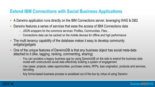Extend IBM Connections with Social Business Applications
 A Darwino application runs directly on the IBM Connections server, leveraging WAS & DB2
 Darwino features a series of services that ease the access of IBM Connections data
– JSON wrappers for the commons services: Profiles, Communities, Files…
– Connections data can be cached on the mobile devices for offline and high performance
 The multi tenancy capability of the database makes it easy to develop community
widgets/gadgets
 One of the unique features of DarwinoDB is that any business object has social meta-data
attached to it (like, tagging, ranking, commenting, sharing)
– You can socialize a legacy business app by using DarwinoDB on the side to extend the business data
model with unstructured social data effectively building a system of engagement
– Use cases: projects, sales opportunities, purchase orders, RFPs, loan origination, products and services,
recruiting
– Any forms-based business process is socialized out of the box by virtue of using Darwino
 