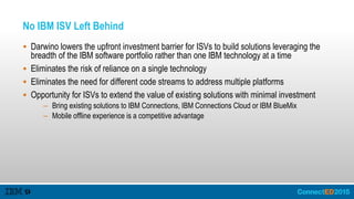 No IBM ISV Left Behind
 Darwino lowers the upfront investment barrier for ISVs to build solutions leveraging the
breadth of the IBM software portfolio rather than one IBM technology at a time
 Eliminates the risk of reliance on a single technology
 Eliminates the need for different code streams to address multiple platforms
 Opportunity for ISVs to extend the value of existing solutions with minimal investment
– Bring existing solutions to IBM Connections, IBM Connections Cloud or IBM BlueMix
– Mobile offline experience is a competitive advantage
 