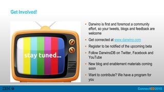 Get Involved!
 Darwino is first and foremost a community
effort, so your tweets, blogs and feedback are
welcome
 Get connected at www.darwino.com
 Register to be notified of the upcoming beta
 Follow DarwinoDB on Twitter, Facebook and
YouTube
 New blog and enablement materials coming
soon
 Want to contribute? We have a program for
you
 