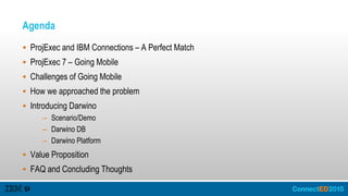 Agenda
 ProjExec and IBM Connections – A Perfect Match
 ProjExec 7 – Going Mobile
 Challenges of Going Mobile
 How we approached the problem
 Introducing Darwino
– Scenario/Demo
– Darwino DB
– Darwino Platform
 Value Proposition
 FAQ and Concluding Thoughts
 