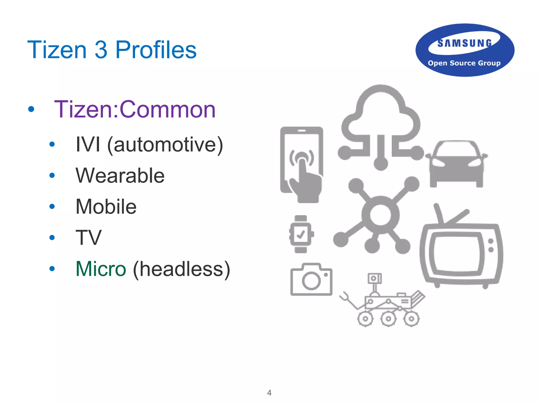 4
Tizen 3 Profiles
• Tizen:Common
• IVI (automotive)
• Wearable
• Mobile
• TV
• Micro (headless)
 