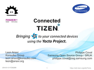 12016-01-31 FOSDEM https://wiki.tizen.org/wiki/Yocto
Connected
Bringing to your connected devices
using the Yocto Project.
Philippe Coval
Samsung Open Source Group / SRUK
philippe.coval@osg.samsung.com
Leon Anavi
Konsulko Group
leon.anavi@konsulko.com
leon@anavi.org
 