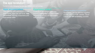 The app revolution
Apps are everywhere
The quantity and usefulness of web
and mobile apps has led to an “app
revolution” among consumers and
businesses alike.
Experience matters
Customers and employees now
expect a delightful and seamless
experience across all interactions
with a business.
Cloud makes it possible
Apps today can be stitched together
quickly with pre-built assets. Cloud
makes the API economy possible.
Fundamentally changing the way we interact with technology.
 
