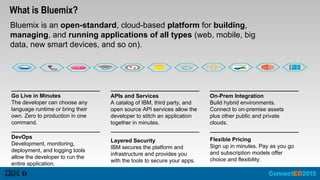 What is Bluemix?
Bluemix is an open-standard, cloud-based platform for building,
managing, and running applications of all types (web, mobile, big
data, new smart devices, and so on).
Go Live in Minutes
The developer can choose any
language runtime or bring their
own. Zero to production in one
command.
DevOps
Development, monitoring,
deployment, and logging tools
allow the developer to run the
entire application.
APIs and Services
A catalog of IBM, third party, and
open source API services allow the
developer to stitch an application
together in minutes.
On-Prem Integration
Build hybrid environments.
Connect to on-premise assets
plus other public and private
clouds.
Flexible Pricing
Sign up in minutes. Pay as you go
and subscription models offer
choice and flexibility.
Layered Security
IBM secures the platform and
infrastructure and provides you
with the tools to secure your apps.
 