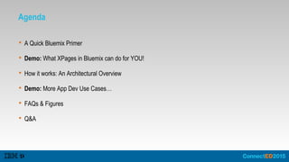 Agenda
 A Quick Bluemix Primer
 Demo: What XPages in Bluemix can do for YOU!
 How it works: An Architectural Overview
 Demo: More App Dev Use Cases…
 FAQs & Figures
 Q&A
 