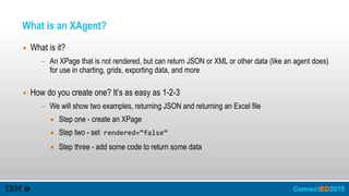 What is an XAgent?
▪ What is it?
- An XPage that is not rendered, but can return JSON or XML or other data (like an agent does)
for use in charting, grids, exporting data, and more 
▪ How do you create one? It’s as easy as 1-2-3
- We will show two examples, returning JSON and returning an Excel file
• Step one - create an XPage
• Step two - set rendered=“false”
• Step three - add some code to return some data
 
