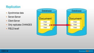 Replication
 Synchronise data
 Server-Server
 Client-Server
 Only replicates CHANGES
 FIELD level!
Database
Document
Field
Field
Field
Database
Document
Field
Field
Field
 
