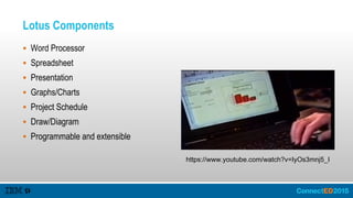 Lotus Components
 Word Processor
 Spreadsheet
 Presentation
 Graphs/Charts
 Project Schedule
 Draw/Diagram
 Programmable and extensible
https://www.youtube.com/watch?v=IyOs3mnj5_I
 
