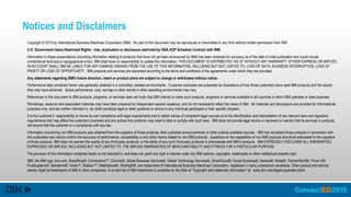 Notices and Disclaimers
Copyright © 2015 by International Business Machines Corporation (IBM). No part of this document may be reproduced or transmitted in any form without written permission from IBM.
U.S. Government Users Restricted Rights - Use, duplication or disclosure restricted by GSA ADP Schedule Contract with IBM.
Information in these presentations (including information relating to products that have not yet been announced by IBM) has been reviewed for accuracy as of the date of initial publication and could include
unintentional technical or typographical errors. IBM shall have no responsibility to update this information. THIS DOCUMENT IS DISTRIBUTED "AS IS" WITHOUT ANY WARRANTY, EITHER EXPRESS OR IMPLIED.
IN NO EVENT SHALL IBM BE LIABLE FOR ANY DAMAGE ARISING FROM THE USE OF THIS INFORMATION, INCLUDING BUT NOT LIMITED TO, LOSS OF DATA, BUSINESS INTERRUPTION, LOSS OF
PROFIT OR LOSS OF OPPORTUNITY. IBM products and services are warranted according to the terms and conditions of the agreements under which they are provided.
Any statements regarding IBM's future direction, intent or product plans are subject to change or withdrawal without notice.
Performance data contained herein was generally obtained in a controlled, isolated environments. Customer examples are presented as illustrations of how those customers have used IBM products and the results
they may have achieved. Actual performance, cost, savings or other results in other operating environments may vary.
References in this document to IBM products, programs, or services does not imply that IBM intends to make such products, programs or services available in all countries in which IBM operates or does business.
Workshops, sessions and associated materials may have been prepared by independent session speakers, and do not necessarily reflect the views of IBM. All materials and discussions are provided for informational
purposes only, and are neither intended to, nor shall constitute legal or other guidance or advice to any individual participant or their specific situation.
It is the customer’s responsibility to insure its own compliance with legal requirements and to obtain advice of competent legal counsel as to the identification and interpretation of any relevant laws and regulatory
requirements that may affect the customer’s business and any actions the customer may need to take to comply with such laws. IBM does not provide legal advice or represent or warrant that its services or products
will ensure that the customer is in compliance with any law.
Information concerning non-IBM products was obtained from the suppliers of those products, their published announcements or other publicly available sources. IBM has not tested those products in connection with
this publication and cannot confirm the accuracy of performance, compatibility or any other claims related to non-IBM products. Questions on the capabilities of non-IBM products should be addressed to the suppliers
of those products. IBM does not warrant the quality of any third-party products, or the ability of any such third-party products to interoperate with IBM’s products. IBM EXPRESSLY DISCLAIMS ALL WARRANTIES,
EXPRESSED OR IMPLIED, INCLUDING BUT NOT LIMITED TO, THE IMPLIED WARRANTIES OF MERCHANTABILITY AND FITNESS FOR A PARTICULAR PURPOSE.
The provision of the information contained herein is not intended to, and does not, grant any right or license under any IBM patents, copyrights, trademarks or other intellectual property right.
IBM, the IBM logo, ibm.com, BrassRing®, Connections™, Domino®, Global Business Services®, Global Technology Services®, SmartCloud®, Social Business®, Kenexa®, Notes®, PartnerWorld®, Prove It!®,
PureSystems®, Sametime®, Verse™, Watson™, WebSphere®, Worklight®, are trademarks of International Business Machines Corporation, registered in many jurisdictions worldwide. Other product and service
names might be trademarks of IBM or other companies. A current list of IBM trademarks is available on the Web at "Copyright and trademark information" at: www.ibm.com/legal/copytrade.shtml.
 