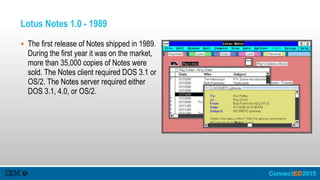 Lotus Notes 1.0 - 1989
 The first release of Notes shipped in 1989.
During the first year it was on the market,
more than 35,000 copies of Notes were
sold. The Notes client required DOS 3.1 or
OS/2. The Notes server required either
DOS 3.1, 4.0, or OS/2.
 