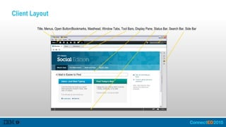Client Layout
Title, Menus, Open Button/Bookmarks, Masthead, Window Tabs, Tool Bars, Display Pane, Status Bar, Search Bar, Side Bar
 