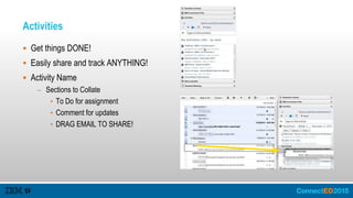 Activities
 Get things DONE!
 Easily share and track ANYTHING!
 Activity Name
– Sections to Collate
• To Do for assignment
• Comment for updates
• DRAG EMAIL TO SHARE!
 