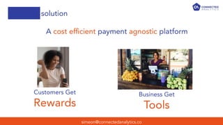 simeon@connectedanalytics.co
solution
A cost efﬁcient payment agnostic platform
Customers Get
Rewards
Business Get
Tools
 