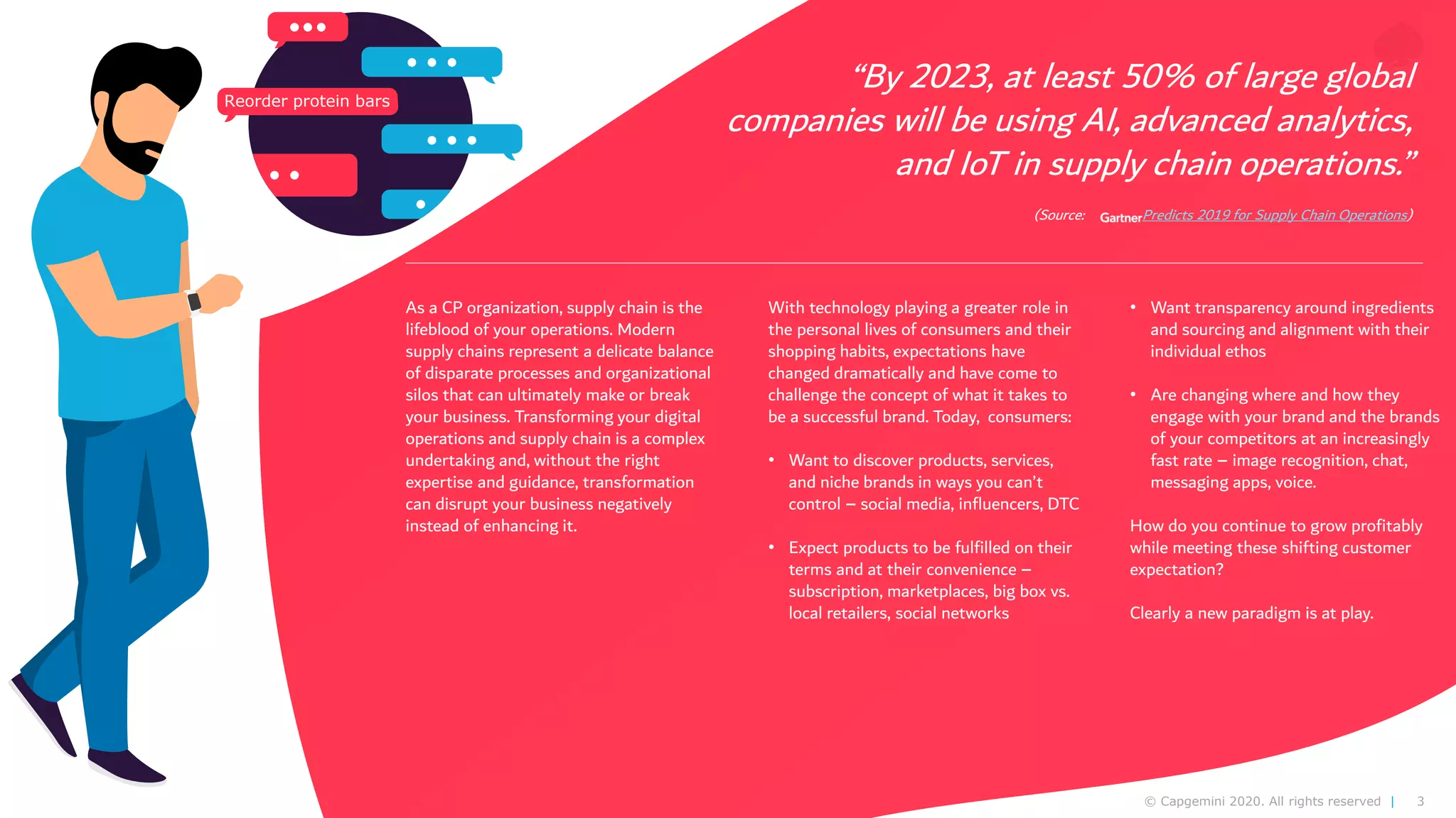 3© Capgemini 2020. All rights reserved |
As a CP organization, supply chain is the
lifeblood of your operations. Modern
supply chains represent a delicate balance
of disparate processes and organizational
silos that can ultimately make or break
your business. Transforming your digital
operations and supply chain is a complex
undertaking and, without the right
expertise and guidance, transformation
can disrupt your business negatively
instead of enhancing it.
“By 2023, at least 50% of large global
companies will be using AI, advanced analytics,
and IoT in supply chain operations.”
(Source: Predicts 2019 for Supply Chain Operations)
With technology playing a greater role in
the personal lives of consumers and their
shopping habits, expectations have
changed dramatically and have come to
challenge the concept of what it takes to
be a successful brand. Today, consumers:
• Want to discover products, services,
and niche brands in ways you can’t
control – social media, influencers, DTC
• Expect products to be fulfilled on their
terms and at their convenience –
subscription, marketplaces, big box vs.
local retailers, social networks
• Want transparency around ingredients
and sourcing and alignment with their
individual ethos
• Are changing where and how they
engage with your brand and the brands
of your competitors at an increasingly
fast rate – image recognition, chat,
messaging apps, voice.
How do you continue to grow profitably
while meeting these shifting customer
expectation?
Clearly a new paradigm is at play.
Reorder protein bars
 