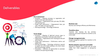 8© Capgemini 2020. All rights reserved |
Deliverables
As-is assessment
• Processes – Mapping processes to organization and
location (“who does what where?”)
• Organization – Organizational chart, job roles, FTE, RACI,
and reporting lines
• Supply chain performance – Organizational chart, job
roles , FTE, RACI, and reporting lines
• Planning technology – Technology architecture.
To-be design
• Processes – Mapping of high-level process steps to
organization and location (“who does what where?”)
• Organization – Organizational chart showing job roles and
reporting lines
• Supply chain performance – Performance metrics and
target levels
• Planning technology – Technology architecture required
to support the to-be model, building on the client’s latest
planning technology roadmap
• Automation – Definition of opportunities to automate
outside of core planning technology.
Business case
Business case looking at efficiency and effectiveness
Transition plans
Transition plan showing the key activities,
milestones, and overall timescale for transition to the
to-be model
Change management plan
Change management approach for transition to the
to-be model
Market adoption approach and toolkit
Approach to adoption of a market onto the to-be
model, from initial engagement to post-go-live
support
 