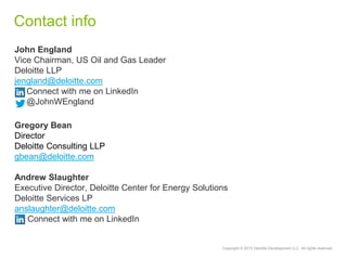 Copyright © 2015 Deloitte Development LLC. All rights reserved.
Contact info
John England
Vice Chairman, US Oil and Gas Leader
Deloitte LLP
jengland@deloitte.com
Connect with me on LinkedIn
@JohnWEngland
Gregory Bean
Director
Deloitte Consulting LLP
gbean@deloitte.com
Andrew Slaughter
Executive Director, Deloitte Center for Energy Solutions
Deloitte Services LP
anslaughter@deloitte.com
Connect with me on LinkedIn
 
