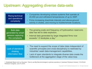 Copyright © 2015 Deloitte Development LLC. All rights reserved.7
Upstream: Aggregating diverse data-sets
Rising technical
and operational
complexity
• Companies developing subsea systems that operate at
20,000 psi and withstand temperatures of up to 350F.
• Firms increasing downhole intensity and above-ground
activity in shales, and moving to hostile/remote locations.
Bulk data
generated by smart
sensors capturing
this complexity
• The growing scale and frequency of hydrocarbon reservoirs
data has led to data explosion.
• Internal data generated by large integrated firms now
exceeds 1.5 terabytes a day.1
Lack of standards
choking
information flow
• The need to expand the scope of data (data independent of
scientific principles and cross-disciplinary) is restricted by
industries’ weak data-management capabilities.
• Lack of open standards to integrate diverse data create the
bottleneck at the aggregation stage of the value loop.
1. Abdelkader Baaziz and Luc Quoniam, “How to use Big Data technologies to optimize operations in Upstream Petroleum Industry,” 21st World
Petroleum Congress, June 19, 2014.
 