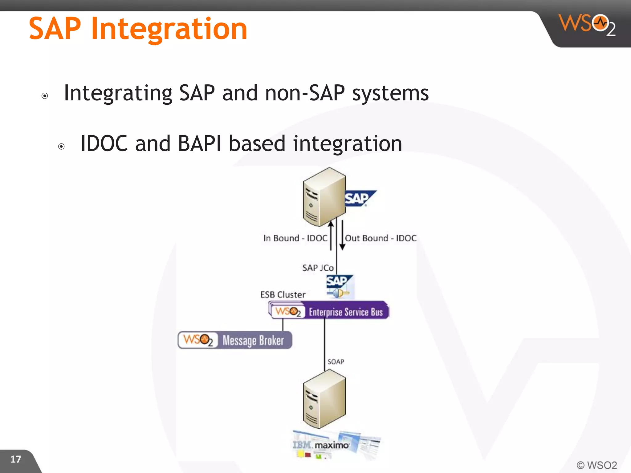 ๏ Integrating SAP and non-SAP systems
๏ IDOC and BAPI based integration
17
SAP Integration
 